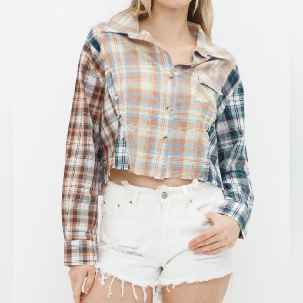 #269 🛑 M,L  BOHO Plaid Mix Distressed Button Up Shirt